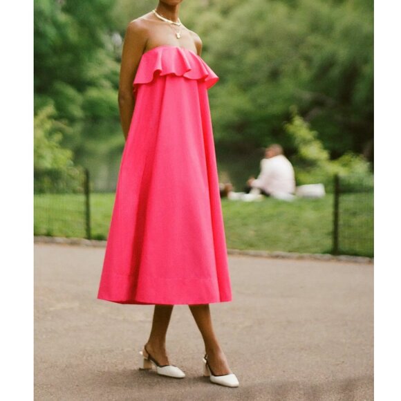 By Anthropologie Strapless Flounce A-Line Midi Dress Pink XS Petite XSP - Picture 1 of 12
